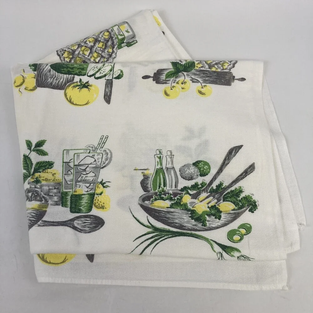 VTG Green & Yellow Food Printed 47.5” X 45.5” Mid Century 60s 70s Table Cloth